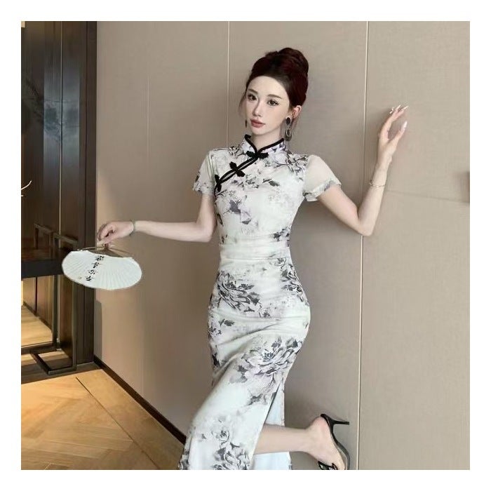 New Elegant Slim-Fit Retro Republic Of China Improved Cheongsam Noble Printing Split Mid-Length Pleated Dress